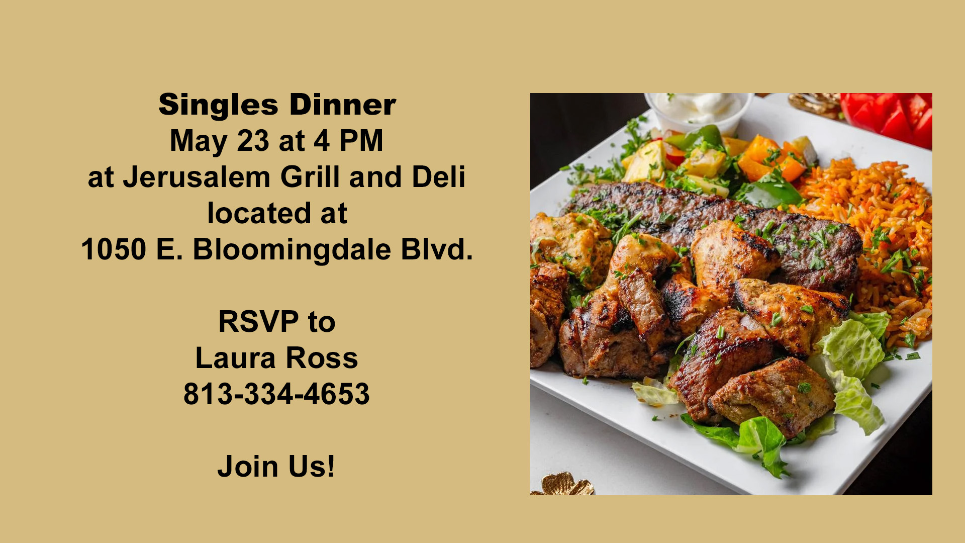 Singles Gathering: May 23 at Jerusalem Grill
